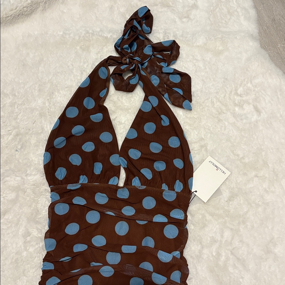 Hello Molly Brown & Blue Polka Dot Maxi Halter Dress - Picture 3 of 4